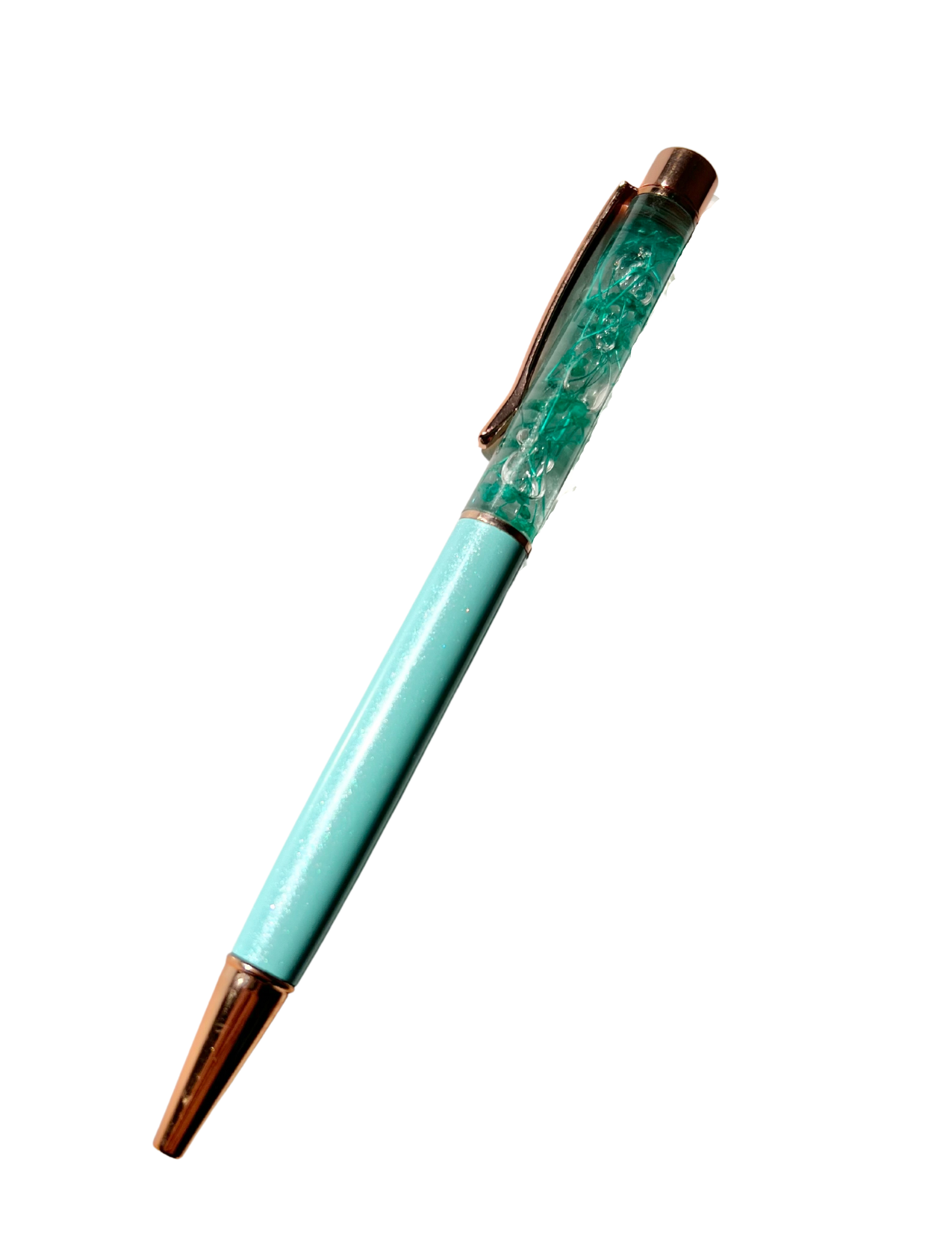 Turquoise Floating Glitter Pen With Gold Hardware 
